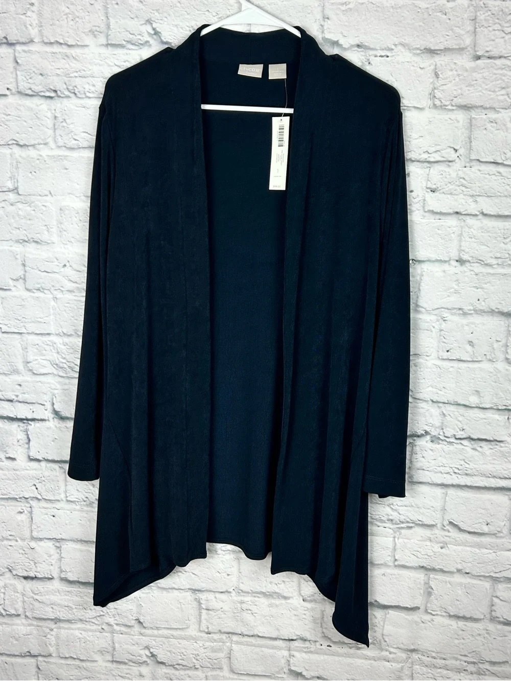 Chico’s Travelers Side Drape Jacket Black Open Front Cardigan Size 1 NWT